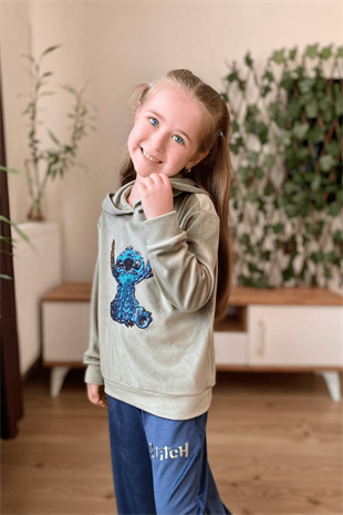 3-10 Yaş Stitch Kadife Kız Çocuk Takım Haki