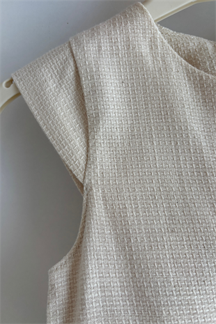 5-8 Yaş İncili Triko Hırkalı Keten Elbise Krem