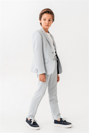 3-14 Yaş Gofre Rozetli Tişörtlü Çocuk Takım Elbise Gri