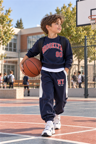 2-10 Yaş Şerit Detay Brooklyn Unisex Eşofman Takımı Lacivert