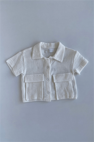 3-10 Yaş Büyük Cepli Yakalı Kız Çocuk Gömlek Beyaz