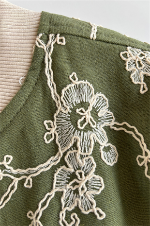 4-8 Yaş Nakışlı Bomber Ceketli 3lü Kız Çocuk Takım Yeşil