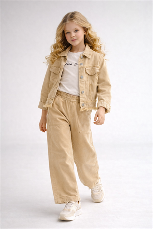 3-10 Yaş Saçaklı Gabardin Kız Çocuk Takım Hardal