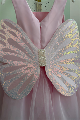 2-6 Yaş Butterfly Kanatlı Kız Çocuk Abiye Elbise Pembe