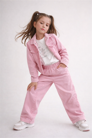 3-12 Yaş Pullu Dokuma Ceketli 3lü Kız Çocuk Takım Pembe