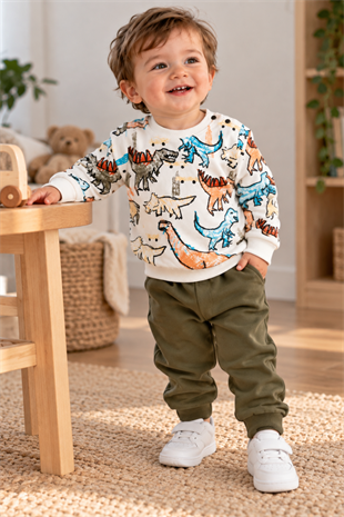 6 Ay - 4 Yaş Dinozor Desen 2li Erkek Çocuk Eşofman Takım Haki