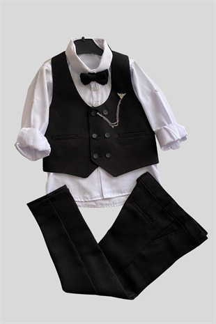 Matrix Yelekli Zincirli Erkek Çocuk Takım Elbise Siyah