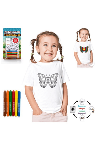 4-11 Yaş Kelebekli Boya-Yıka Tişört Seti Beyaz