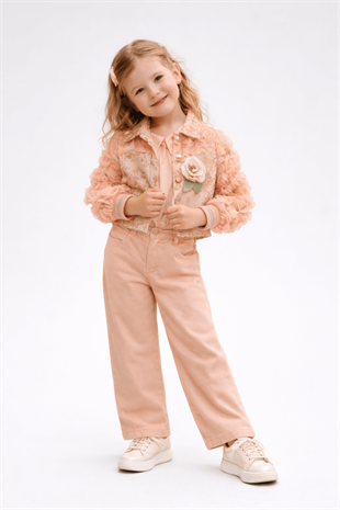 3-6 Yaş Premium Kolları Gül Detay Yaldızlı Ceket Pantolon 3lü Kız Takım Pudra