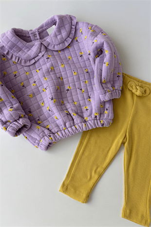 6-18 Ay Çiçekli Bebe Yaka Kız Bebek Takım Mor