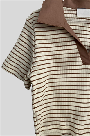 8-14 Yaş Polo Yaka Çizgili Crop Cappuccino