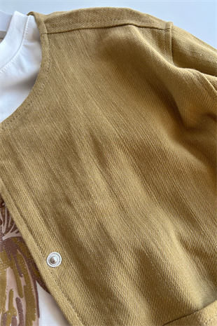 4-8 Yaş Düğmeli Ceketli Bohem 3lü Kız Çocuk Takım Yağ Yeşili