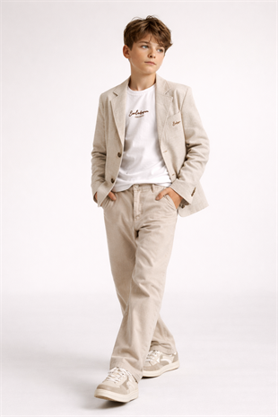 9-14 Yaş Exclusive Keten Erkek Çocuk Takım Krem