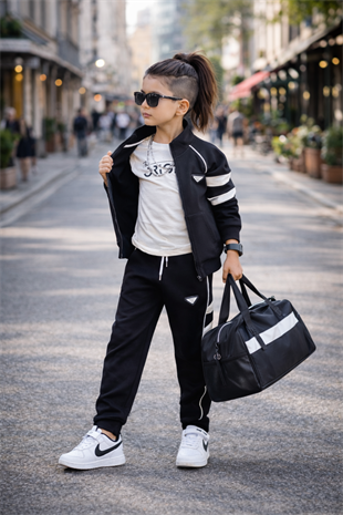 5-14 Yaş PR Biyeli Ceketli Erkek Çocuk Eşofman Takımı Siyah