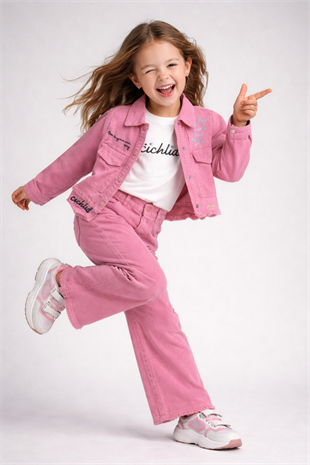 4-8 Yaş Yıldız Nakışlı Ceketli Gabardin 3lü Kız Çocuk Takım Pembe