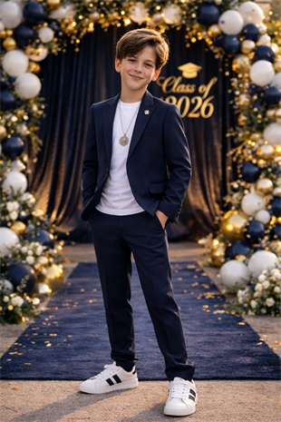 3-14 Yaş Oscar Tişörtlü Kolyeli Erkek Çocuk Takım Elbise Mezuniyet Lacivert