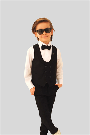 Katlama Detay Yelekli Rozetli Çocuk Takım Elbise Siyah