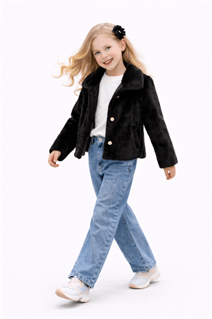 3-10 Yaş Kürk Ceketli Kotlu 3lü Kız Takım Siyah