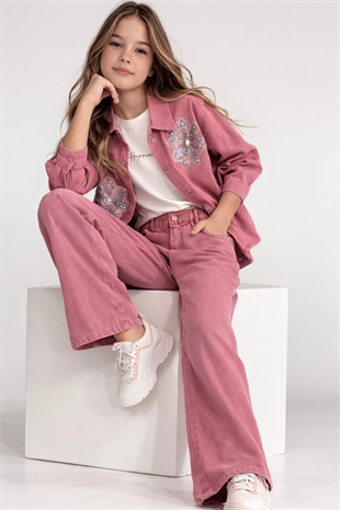 9-14 Yaş Çiçek Boncuk Aplikeli Ceketli Gabardin  Kız Çocuk Takım Gül Kurusu