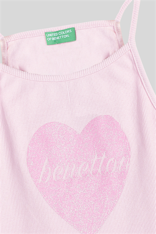 4-14 Yaş Benetton Kalp Baskılı Kız Çocuk Atlet Pembe