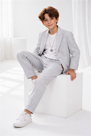 3-14 Yaş Vega Premium Çizgili Kolyeli Keten Çocuk Takım Elbise Mavi