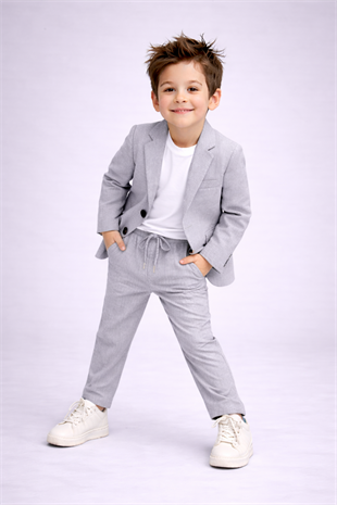 2-13 Yaş Premium Tişörtlü Başak Doku Keten Çocuk Takım Elbise Gri