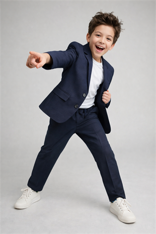 2-13 Yaş Premium Tişörtlü Başak Doku Keten Çocuk Takım Elbise Lacivert