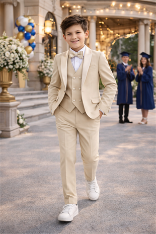 3-14 Yaş Saten Yaka Erkek Çocuk Takım Elbise Mezuniyet Bej