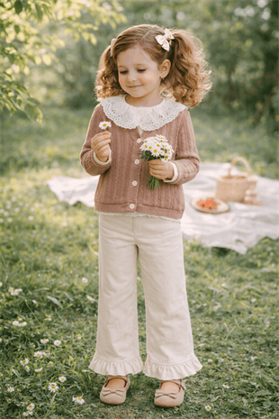4-8 Yaş Dantel Bebe Yaka Hırka Paça Detay Pantolon Kız Takım Sütlü Kahve