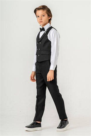 Lord Katlamalı Rozetli Çocuk Takım Elbise Siyah