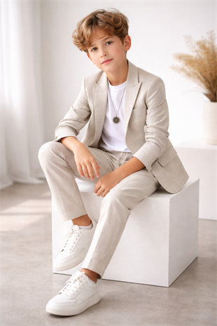 3-14 Yaş Vega Premium Çizgili Kolyeli Keten Çocuk Takım Elbise Krem