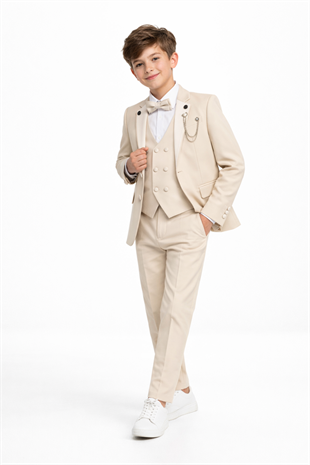 3-14 Yaş Premium Double Yaka Zincirli Erkek Çocuk Damatlık Bej