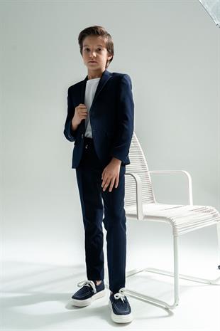 3-14 Yaş Gofre Rozetli Tişörtlü Çocuk Takım Elbise Lacivert