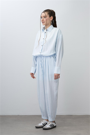 9-15 Yaş Müslin Gömlek Havuç Pantolon Kız Takım Bebe Mavi