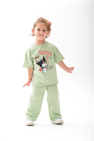 1-12 Yaş Kuromi Kısa Kol Eşofman Kız Çocuk Takım Yeşil