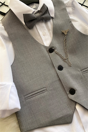 Zincirli Üç Düğme Erkek Çocuk Takım Elbise Gri