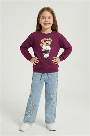 4-9 Yaş Cute Bear Kız Çocuk Sweat Bordo