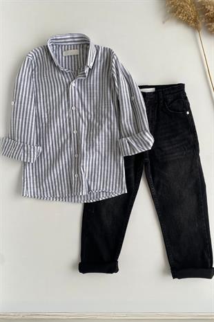 5-14 Yaş Cool Çizgili Gömlek Kot Pantolonlu Erkek Çocuk Takım Gri