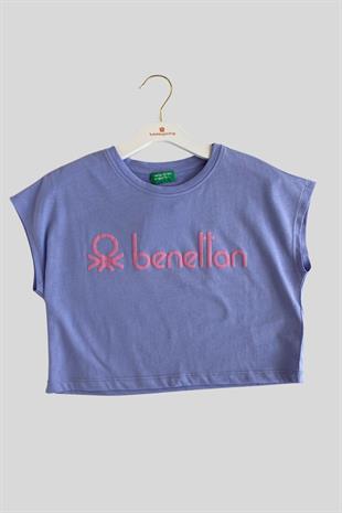 4-14 Yaş Benetton Logo ve Yazı Baskılı Kız Çocuk T-shirt Lila