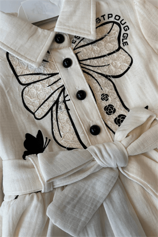 2-5 Yaş Fiyonk Detaylı Uzun Kol Kız Çocuk Elbise Krem