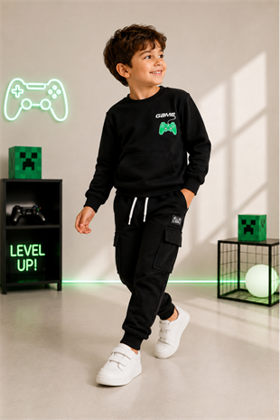 7-10 Yaş Kargo Pantolonlu Game Erkek Çocuk Eşofman Takımı Siyah