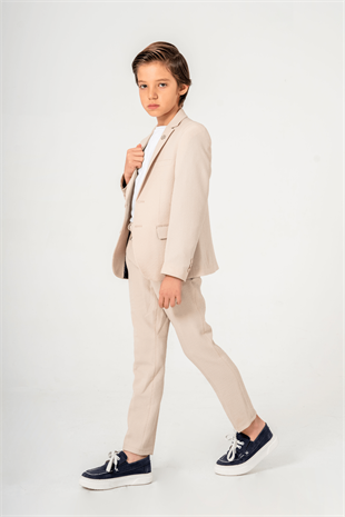 3-14 Yaş Gofre Rozetli Tişörtlü Çocuk Takım Elbise Bej