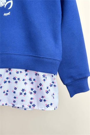 2-8 Yaş Unicorn Çiçek Detay İspanyol Kız Çocuk Takım Mavi