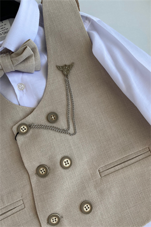 Zincir Çift Düğme Başak Erkek Çocuk Takım Elbise Bej