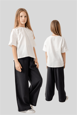 9-14 Yaş Tül Çiçekli Tişört Altı Keten Pantolonlu Kız Çocuk Takım Beyaz