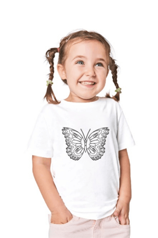 4-11 Yaş Kelebekli Boya-Yıka Tişört Seti Beyaz