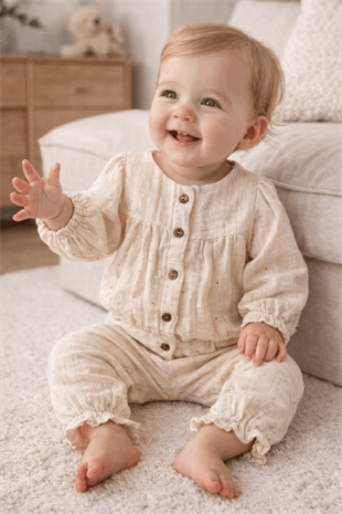 6-24 Ay Payet Detay Kız Bebek Müslin Takım Krem