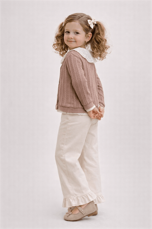 4-8 Yaş Dantel Bebe Yaka Hırka Paça Detay Pantolon Kız Takım Sütlü Kahve
