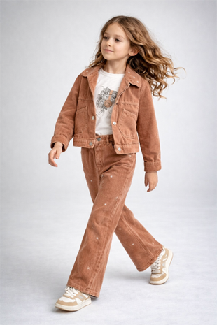 9-12 Yaş Bebe Yaka Nakışlı Kız Çocuk Pantolon Kot Takım Latte