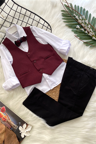 Yelekli Papyonlu Erkek Çocuk Takım Elbise Bordo